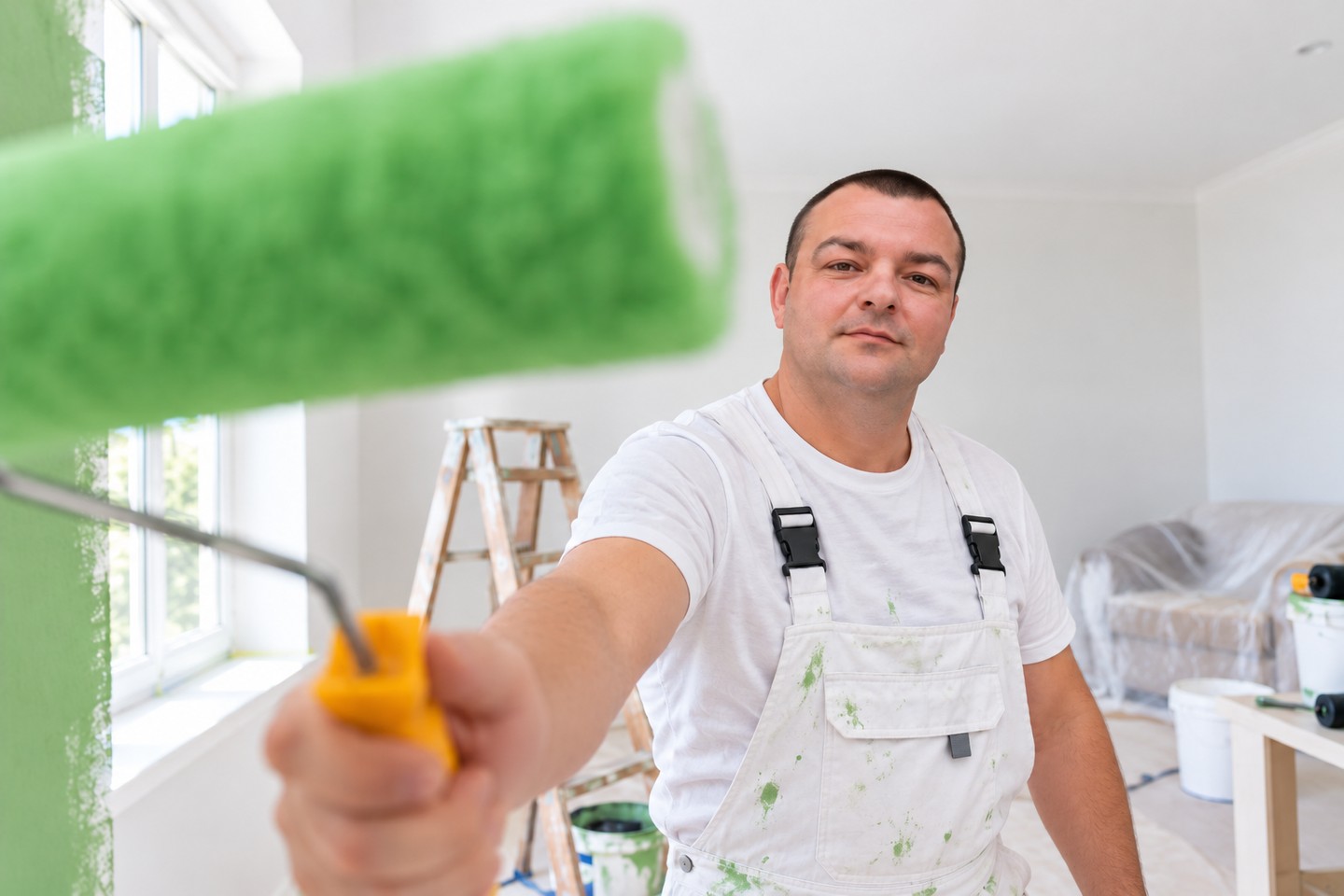 Painter holding a green paint roller in a bright room